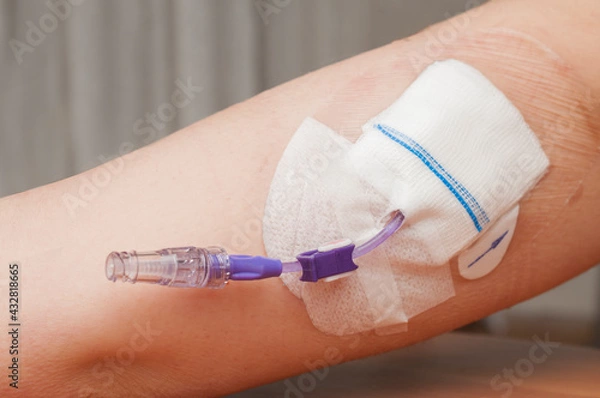 Fototapeta Picc (Peripherally Inserted Central Catheter) in the arm of a young woman. Picc can be used for long-term chemotherapy, antibiotic therapy, or total parenteral nutrition.