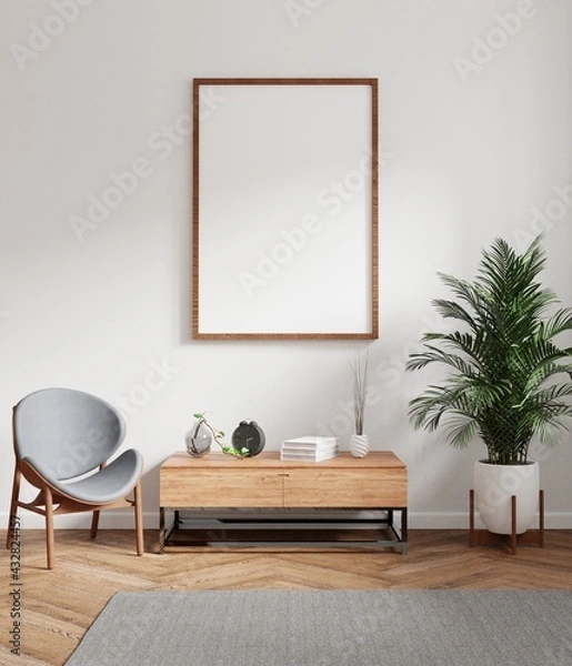 Fototapeta Empty photo frame for mockup in living room. 3D rendering.