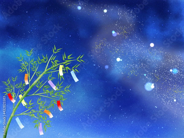 Fototapeta 夜空に流れる天の川と短冊が揺れる笹（ヨコ）