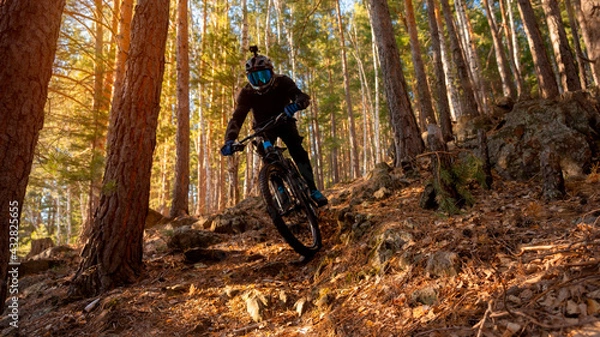 Fototapeta A man on a bicycle through the forest from a mountain on a bright sunny day. The guy rides through the trees. Cyclists riding a mountain electric bicycle steep uphill in harsh rocky terrain