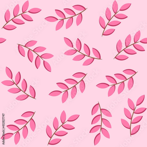 Fototapeta Pink foliage seamless pattern. Branches with leaves on pink background. Trendy flat style, floral decoration and backgrounds. Vector illustration