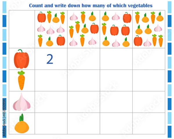 Fototapeta  Logic game for children. Count and write down how many vegetables