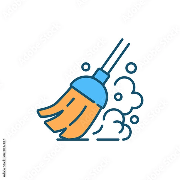 Fototapeta Cleaning at home RGB color icon. House chores. Sweeping. Household clean-up. Clearing space, collecting dirt with brush, broom. Hiring house cleaning service. Isolated vector illustration
