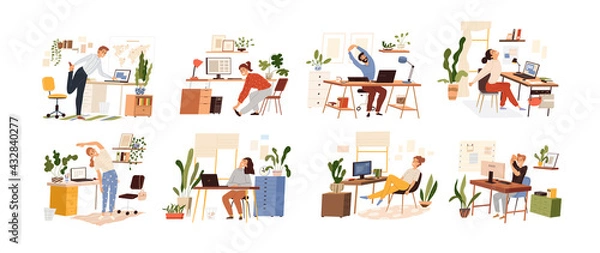Fototapeta Set of different people practicing workout at workplace the table with a computer. Vector isolated. Collection of various employees doing warm up at office. Man and woman stretching by taking a break.