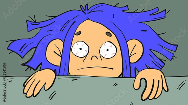 Obraz Stressed girls potrait, illustration in cartoon style. Psychological help, sleep deprivation concepts