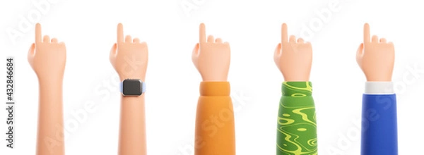 Fototapeta Set of five cartoon character hand pointing at something or push touch screen on isolated white background. Blue suit, yellow shirt and smart watch.