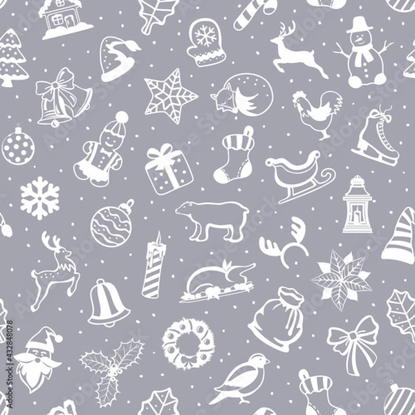 Fototapeta Merry Christmas and Happy New Year seasonal winter Seamless Pattern Texture with decoration items