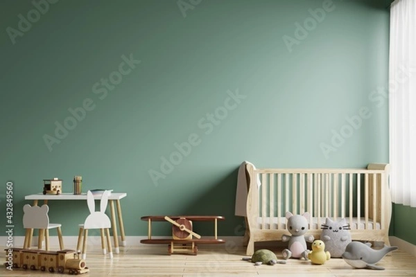 Obraz Children's room with a green wall is blank. There was a newborn bed beside the window, decorated with toys and dolls on the wooden floor.3d rendering.