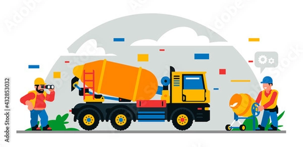 Fototapeta Construction equipment and workers at the site. Colorful background of geometric shapes and clouds. Builders, construction equipment, service personnel, concrete mixer, binoculars.Vector illustration