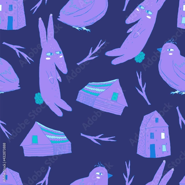 Fototapeta Cartoon pattern in violet blue colors. Rabbit, two types of houses, twigs and a bird. Vector illustration.