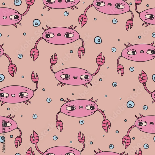 Obraz cartoon pattern of crabs and bubbles. Vector illustration.