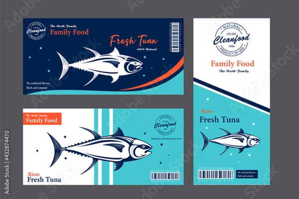 Fototapeta Trout labels and packaging design concepts. Flat style seafood labels for , fisheries, packaging, and advertising