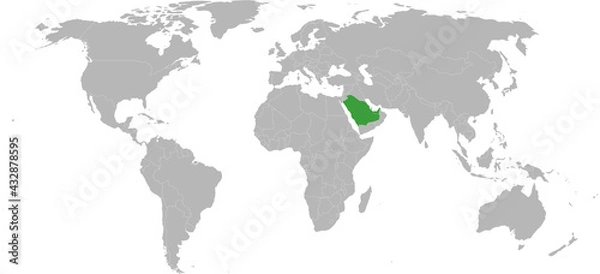 Fototapeta United arab emirates, saudi arabia highlighted green on world map. Persian gulf map backgrounds.