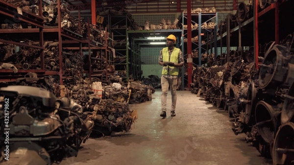 Obraz Workers in the warehouse old parts cars are walking inside the warehouse