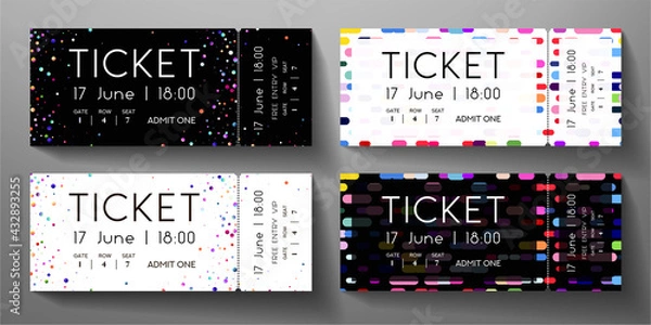 Fototapeta Admission ticket template set. Vector tear-off entrance ticket with circular dots and vertical colorful line on black, white background. Design template for concert event, musical event, performance