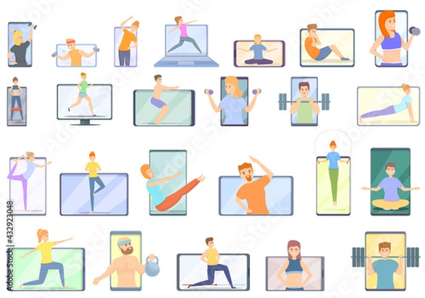 Fototapeta Fitness blog icons set. Cartoon set of fitness blog vector icons for web design