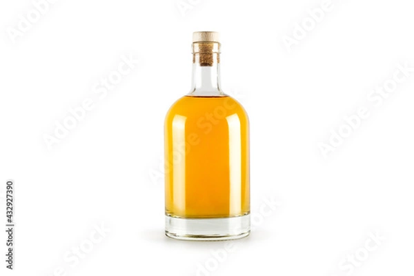 Fototapeta Transparent bottle with golden alcohol liquid inside isolated on white background.