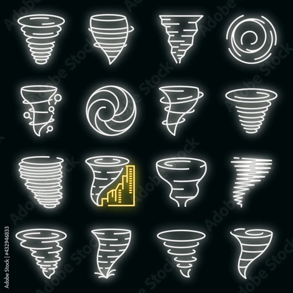 Fototapeta Tornado icons set. Outline set of tornado vector icons neon color on black