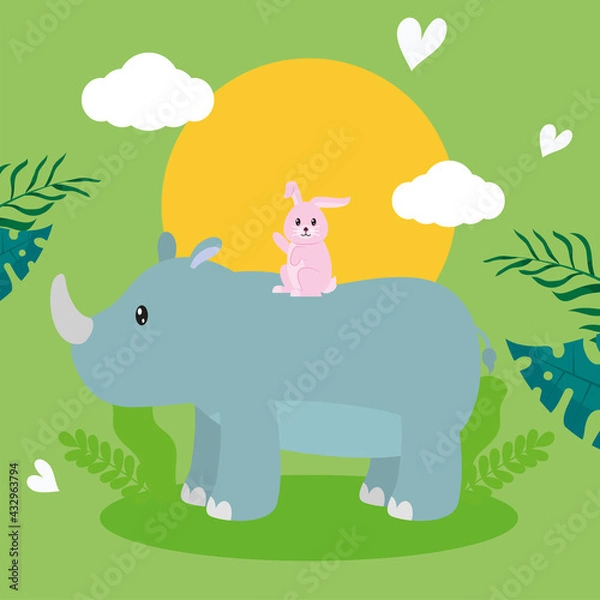Fototapeta rabbit on rhino cartoon