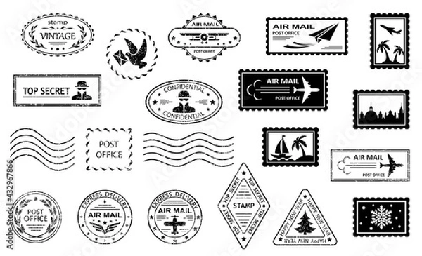 Fototapeta Postal stamps and postmarks. Set of postmarks and postage stamps with city silhouettes, islands with palm trees, sea and yacht. Air mail, top secret, express delivery, post office. Isolation. Vector