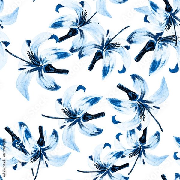 Obraz Gray Seamless Leaves. Navy Pattern Painting. White Tropical Art. Cobalt Flower Textile. Blue Floral Painting. Decoration Botanical. Watercolor Exotic.