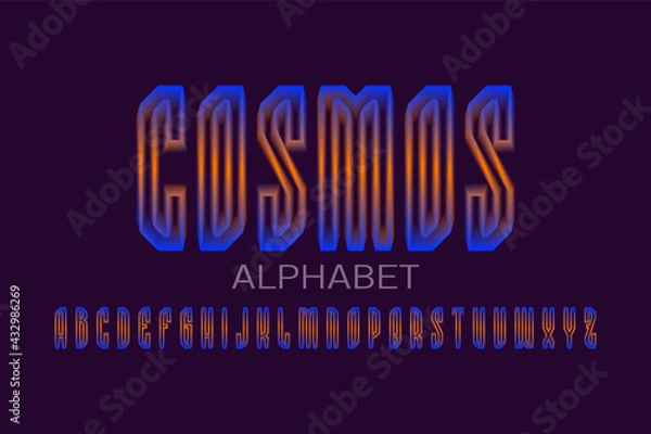 Fototapeta Cosmos alphabet of luminous orange blue 3d letters. Glowing display font. Isolated english alphabet.