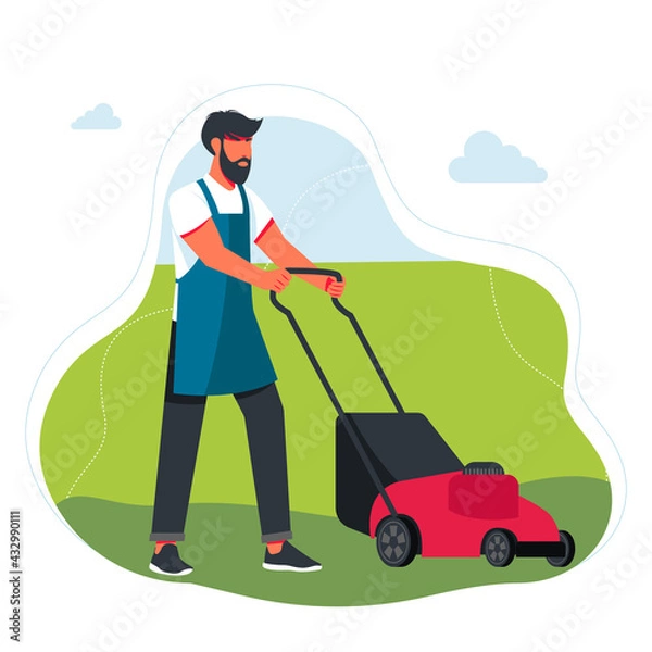 Obraz Man Mowing The Lawn. Professional gardener using garden machinery, equipment and tools: mowing, cutting, trimming grass and shrubbery. Backyard landscaping, plants cultivating, garden maintenance.