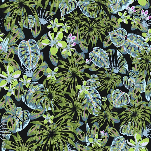 Obraz Moody Tropical Floral vector seamless repeat pattern. 