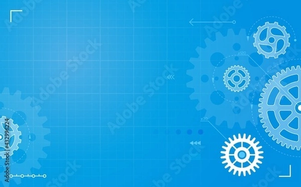 Fototapeta Gears. Abstract technical drawing, blueprint with gear, cogs. Mechanical engineering, machinery construction, technology vector background. Futuristic steel or metal wheels system, structure