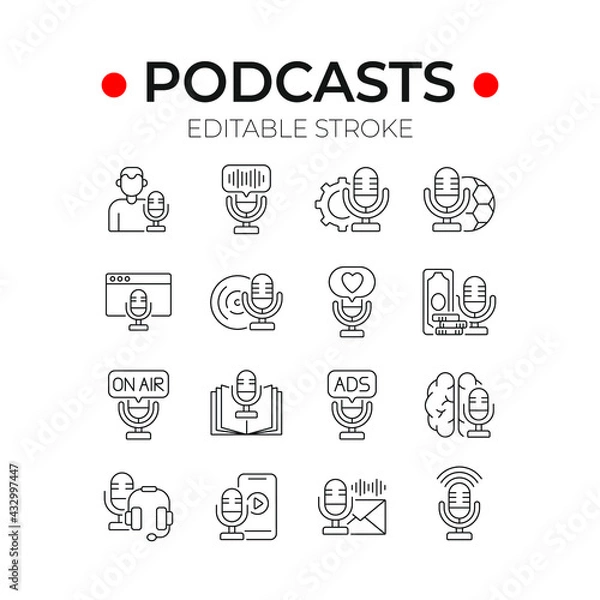 Fototapeta Podcast linear icons set. Microphone. Thin line customizable illustration. Contour symbol. Vector isolated outline drawing. Editable stroke