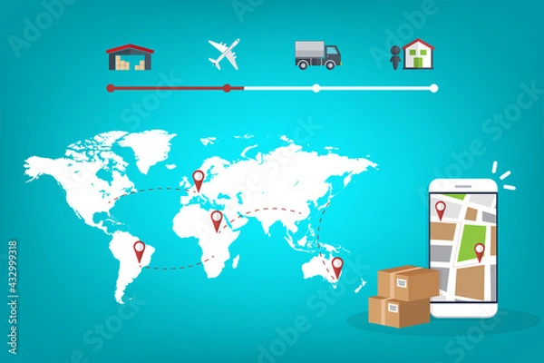 Fototapeta Delivery service app on mobile phone. Shipment track concept.