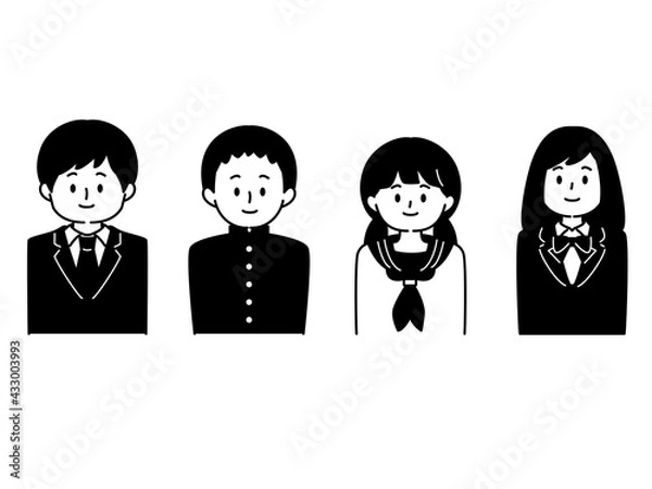 Fototapeta モノクロ人物アイコンセット　学生男女4人

