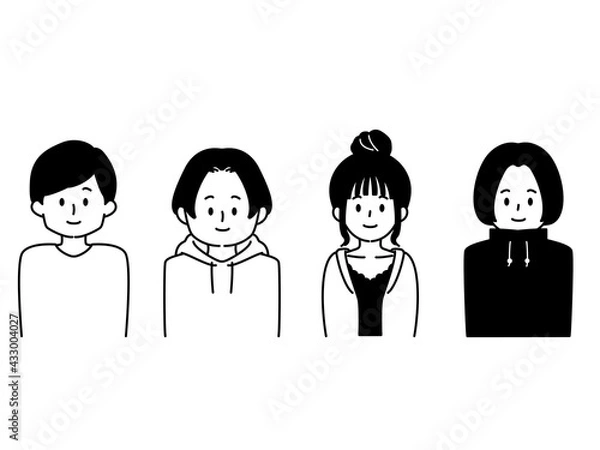 Fototapeta モノクロ人物アイコンセット　若い男女4人
