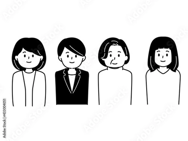 Fototapeta モノクロ人物アイコンセット　女性4人

