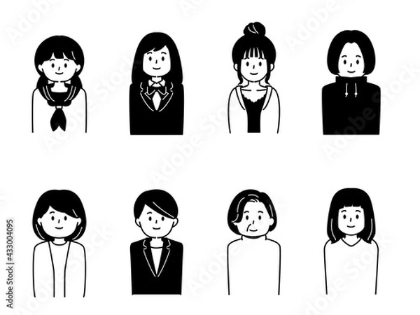 Fototapeta モノクロ人物アイコンセット　いろいろな年代の女性8人
