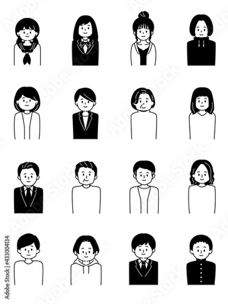 Fototapeta モノクロ人物アイコンセット　老若男女16人
