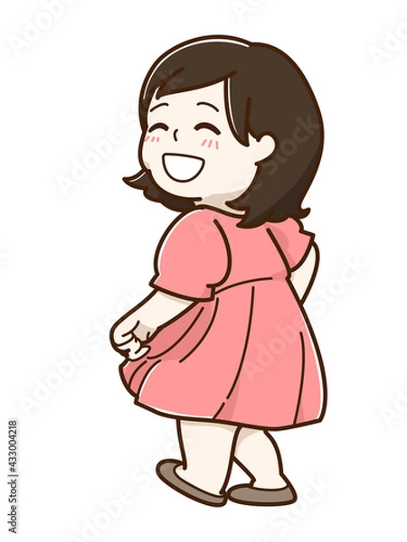 Fototapeta ふくよかな女性が笑顔で振り返っているイラスト　ワンピース
