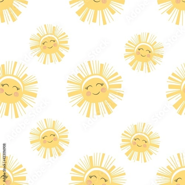 Obraz Children's sun with a smile. In soft pastel colors. For fabrics, children's rooms, toys, prints, etc. Isolated on a white background. Seamless background.