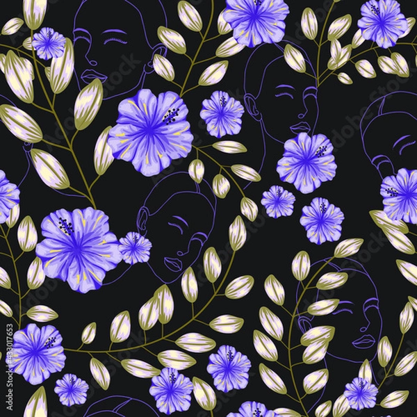 Obraz Boho floral trendy face line art vector seamless repeat pattern perfect for wallpaper, fabrics, and textiles, scrapbooking, and as background textures
