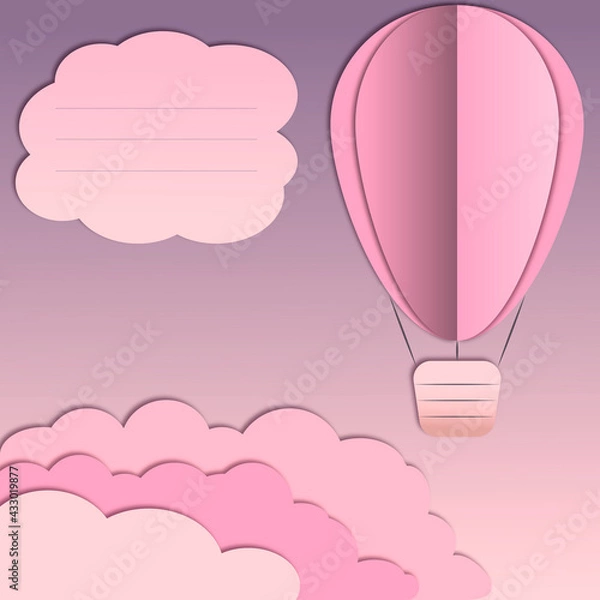 Fototapeta Landscape with balloons, clouds. Paper cut is a craft style. 