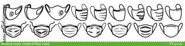 Fototapeta Set of medical face mask line icons. Various surgical and FFP masks and respirators. Vector Illustration