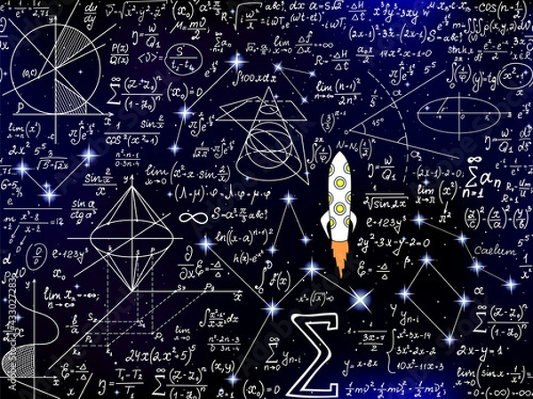 Fototapeta Scientific vector seamless background with handwritten mathematical and physical formulas, rocket, figures, plots and calculations