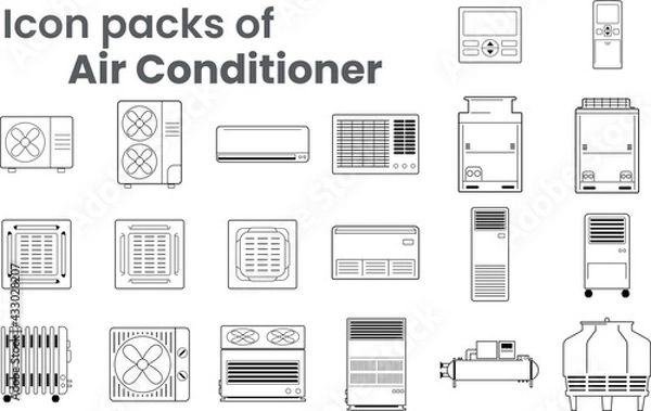 Obraz Vector Icon packs of Air conditioners various type as symbol-block-line-outline. Various objects of air conditioners-condensing fan coil indoor-outdoor unit ceiling mount wall mount and remote control