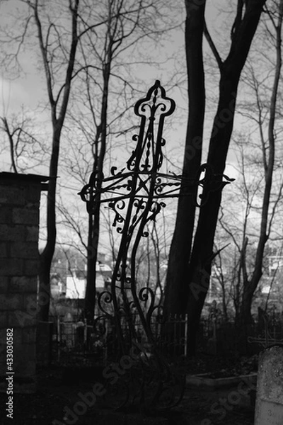 Fototapeta silhouette of a patterned cemetery cross against the background of trees and a cemetery, in black and white