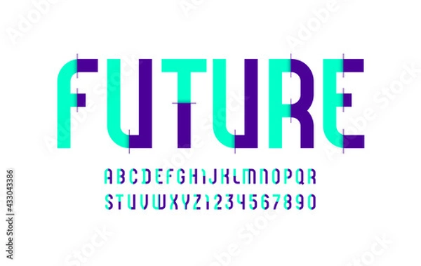 Fototapeta Hi-tech bright font, modern trendy alphabet, letters and numbers made of parts, vector illustration 10EPS
