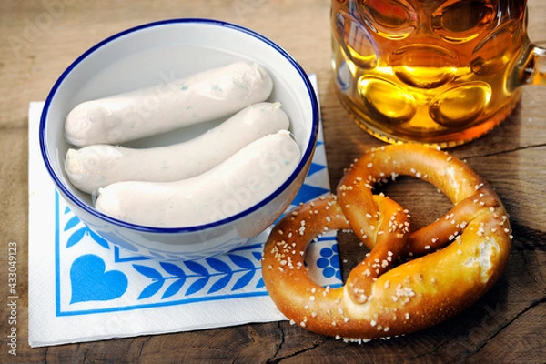 Obraz Weisswuerschte, Pretzel and beer
