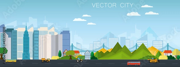 Fototapeta City view with bridge. Modern metropolis with mountains. Vector poster.	