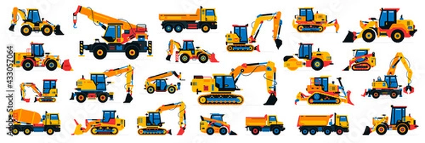 Fototapeta Large collection of construction equipment. Set of commercial vehicles for construction work. Excavator, tractor, bulldozer, asphalt paver, concrete mixer, loader, telehandler. Vector illustration.