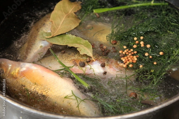 Fototapeta Preparation of fish soup from fish Ruffe (Gymnocephalus cernuus) with spices 