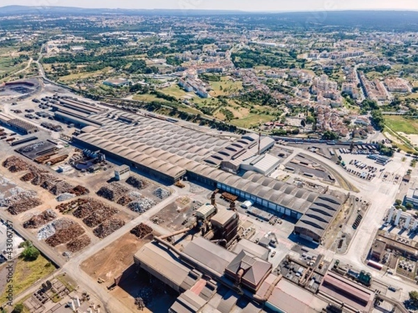 Obraz Aerial view of a giant quarry and construction site at Ecometais, a Treatment and recycling plant in Aldeia de Paio Pires industrial area, Setubal, Portugal.